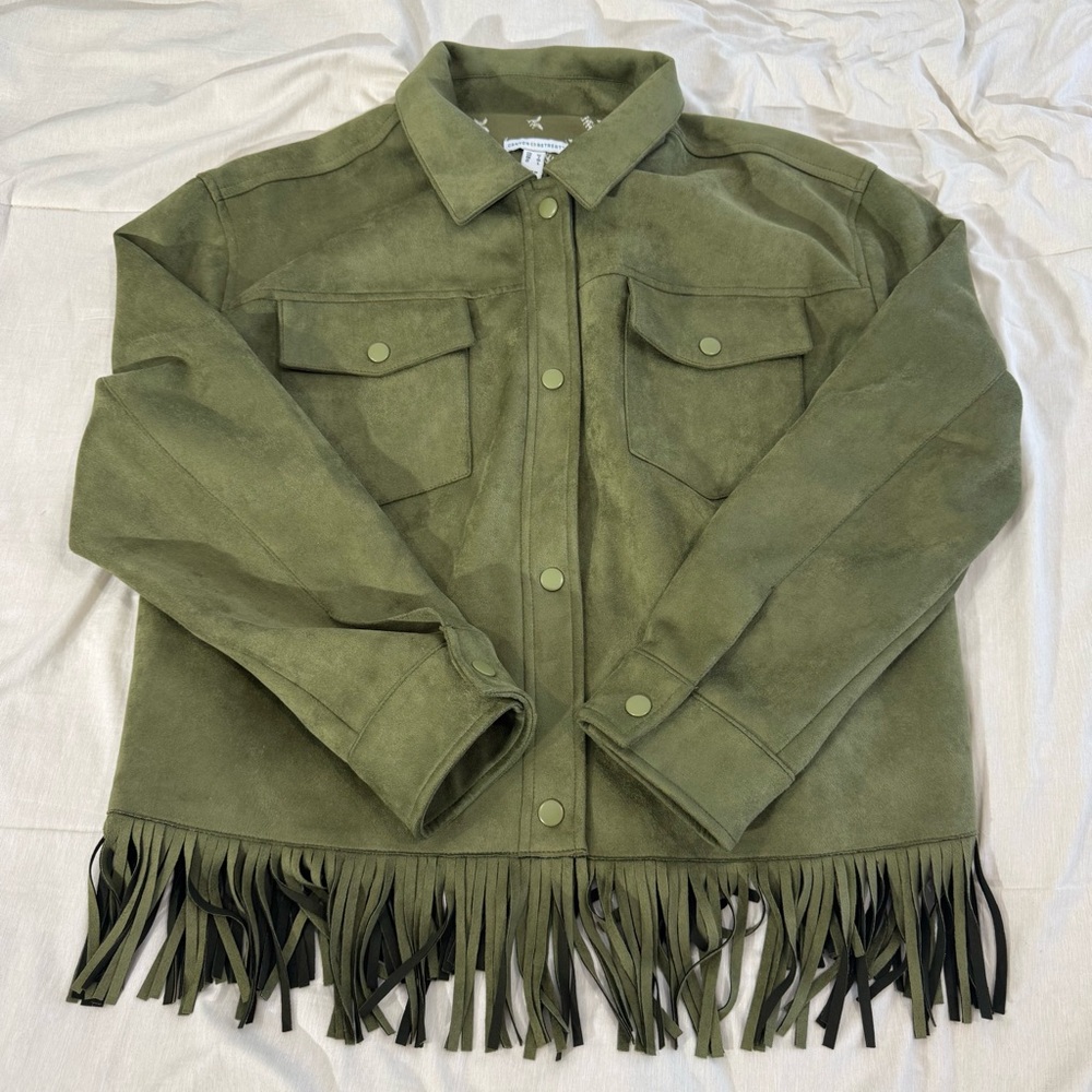 Canyon Retreat Oversized Fringe Suede Jacket • Olive Green • Size M • NWOT